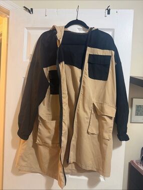 Elegant Oversized Two-Tone Hooded rain Jacket - Black & Beige - Medium